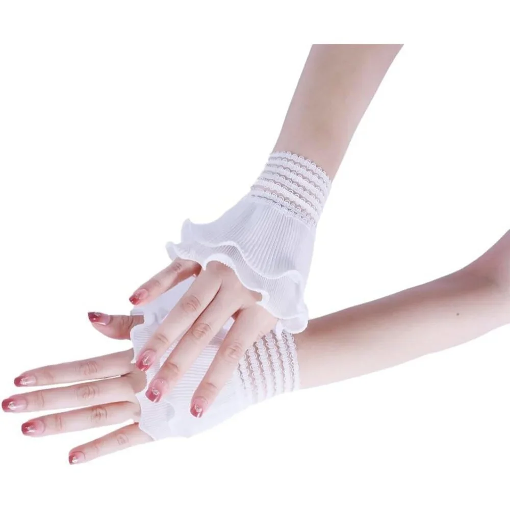Women's Flared Sleeves White Elastic Bracelet Wrist Cuffs Gloves Wedding Party